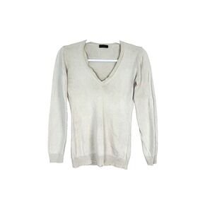 VTG Y2K Women Cream Medium Sweater V-Neck Lightweight Preppy 90s Slim Fit Layers